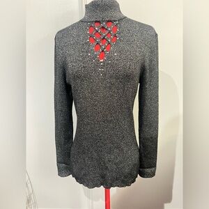 Y2K Reba Gray Silver Metallic Rhinestone Sweater Size XL